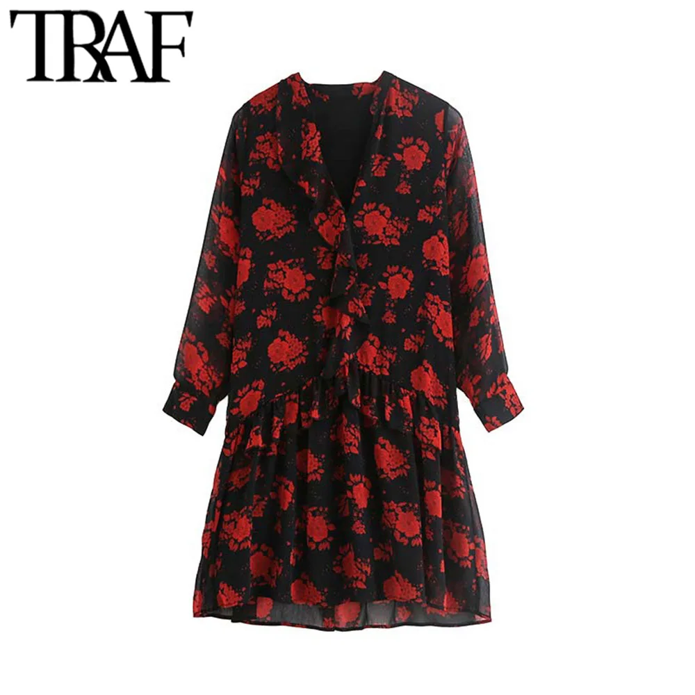 

TRAF Women Retro Chic Floral Print Ruffled Chiffon Mini Dress WFashion O Neck Long Sleeve Loose Elegant Dresses Vestidos Mujer