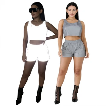 

2 Piece Women Sets 2020 Summer Tracksuits Reflective Tops+Shorts Suit Two Piece Set Club Party Sportswear Street 2 Pcs Outfits