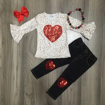 

baby Girl clothes girls V-day outfit girls sequins heart shirt with jean girls winter/spring clothes with accessories