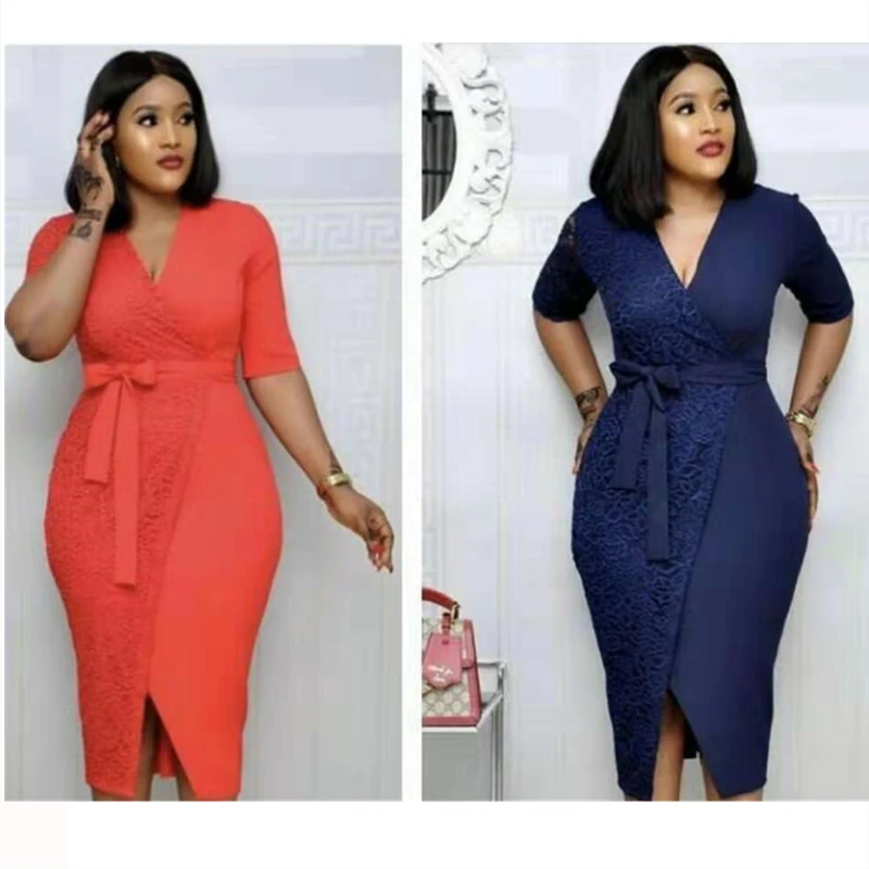 

Women Modest Wrap Dresses with Waist Belt Lace Patchwork Long Sleeves V Neck Office Classy Work Ladies Female Slim Elegant Robes