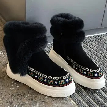 

Women's natural suede leather platform flats ankle boots leisure punk cold winter short snow boots high quality comfort shoes