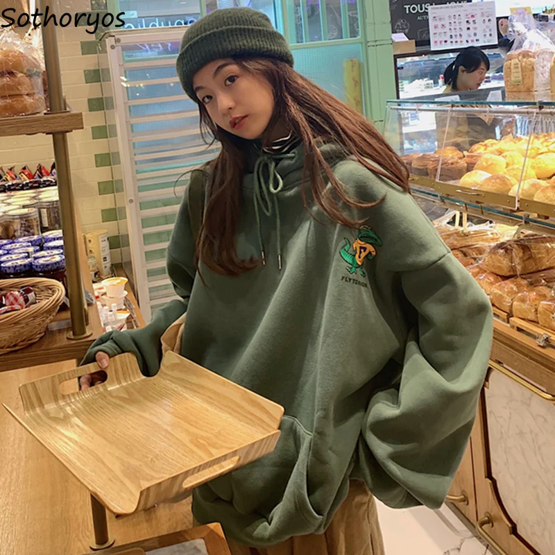 

Hoodies Women Female New Autumn Winter Plus Velvet Korean Style Loose Hooded Soft Ulzzang Kawaii Harajuku Simple Womens Clothes