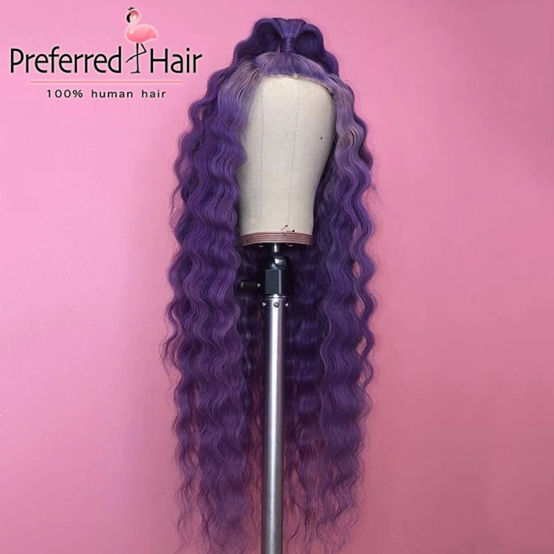 Предпочтительный ярко-синий предварительно сорванный свободный волнистый парик бразильские волосы remy кружева передние человеческие волосы парики для черных женщин - Цвет: purple