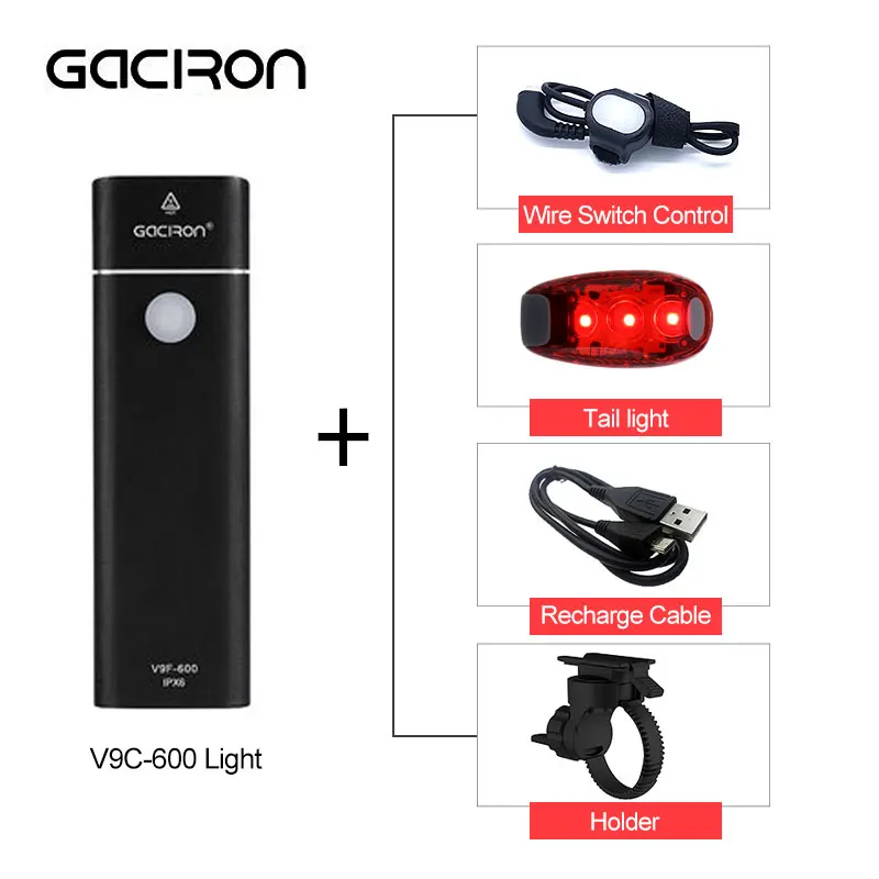 GACIRON Pro велосипедный светильник велосипед светодиодный головной светильник Мощность банк IPX6 Водонепроницаемый MTB дорожный Велоспорт вспышки света светильник светодиодный светильник с хвостом светильник набор - Цвет: 600 Lumens Black
