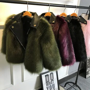 

Girls Fur Coat Jacket Imitation fox Artificial Fur Grass High Quality Plush+Leather Fake Two Pieces Winter Kids Clothes Warm Fur