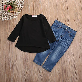 

ZWF444 Children Suit Fashion Toddler Kids Baby Girls Clothing Set Solid Black Long T-shirt Tops + Jean Denim Pants Outfits