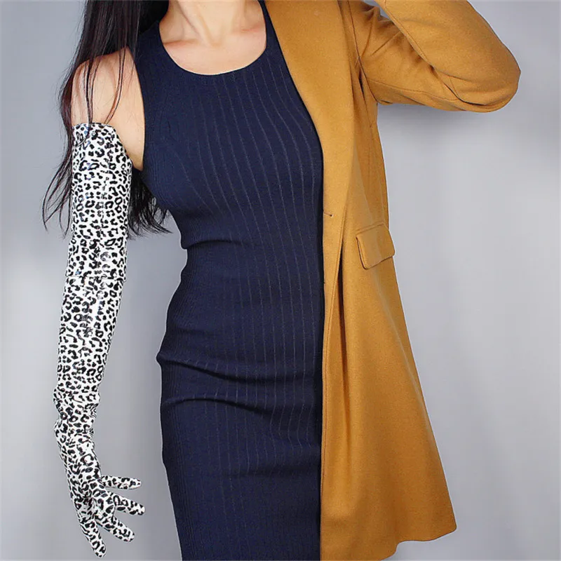 

2020 NEW LATEX LONG GLOVES Shine Leather PU 28" 70cm Animal Print Black Cheetah Leopard Women Leather Gloves WPU201