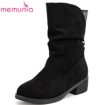 

MEMUNIA newest ankle boots women autumn winter pleated zip square heel casual shoes European Style cowboy western boots woman