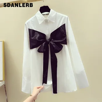 

White Shirt Women's 2020 Spring Autumn New Loose Korean-Style Bow Panel Design Long-Sleeve Top Shirt Women Tops