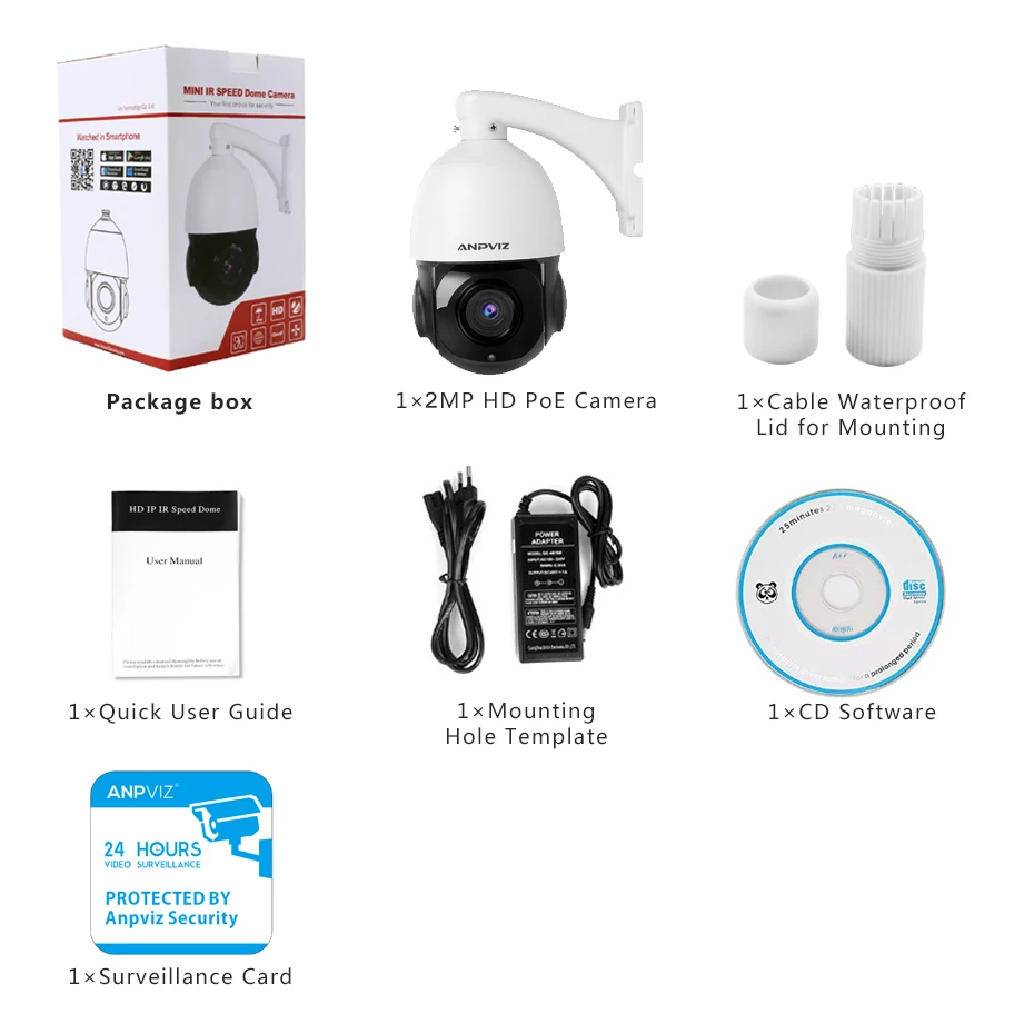 Купольная камера Anpviz 1080P POE PTZ IP ONVIF 30 кратный зум водонепроницаемая скоростная 2 МП