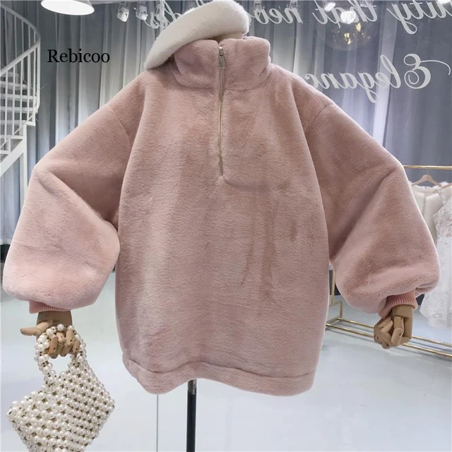 Winter Casual Faux Fur Hoodie Women Plush Warm Fleece Oversized Sweatshirts  Autumn Ladies Pullovers pink - AliExpress