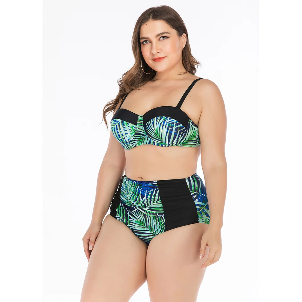 

2020 New Green Leaves Patchwork Swimsuit Women Plus Size Swimwear Push Up Bathing Suit L-4XL Girl High Waist Backless Bikini Set