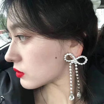 

Korean Sweet Full Rhinestone Bowknot Drop Earrings for Women Girl Shiny Crystal Big Cross Knot Long Tassel Earrings Pendientes
