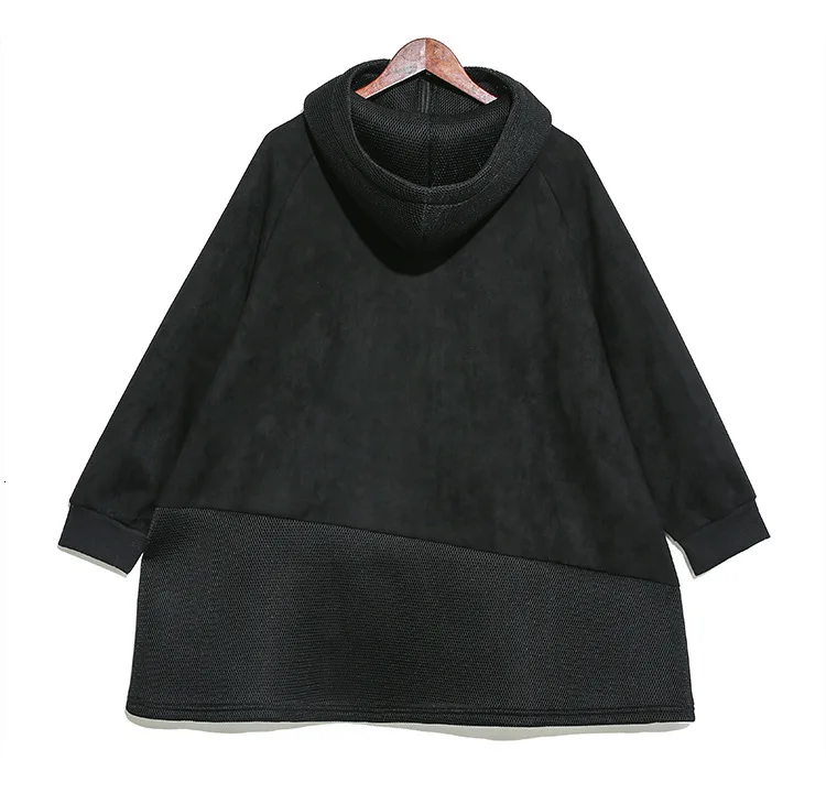 Vefadisa Patchwork Hooded Sweatshirt Woman Winter Pullovers Sweatshirt Thick Black Pockets Streetwear Sweatshirt QYF993