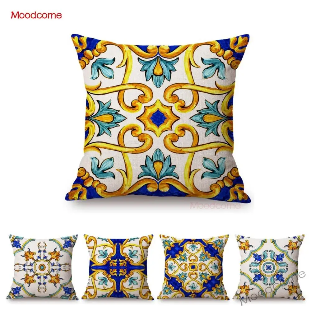 

Скандинавская Акварельная ручная роспись, итальянская брога, плитка, узор, синяя диванная подушка, чехол, украшение для дома, хлопчатобумажная льняная наволочка