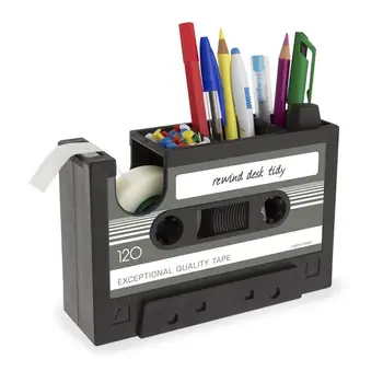 

Cassette Tape Dispenser Pen Holder Desk Tidy Container with Adhesive Tape Office Home Pencil Pot Stationery Storage Container