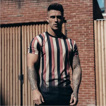 

Summer New Men's Polyester Quick-Drying Fashion Vertical Stripes Gradient Casual Sports Fitness Short-Sleeved T-Shirt Men's Tops