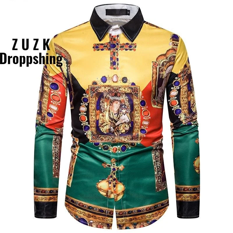 ZUZK New European Gem 3D Printing Long-sleeved  Slim  fit  Casual shirt Men