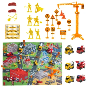 

31PCS Inertia Engineering Vehicle Fire Truck with Children's Game Mat Road Sign Hanging Tower Accessories Set Children's Toys