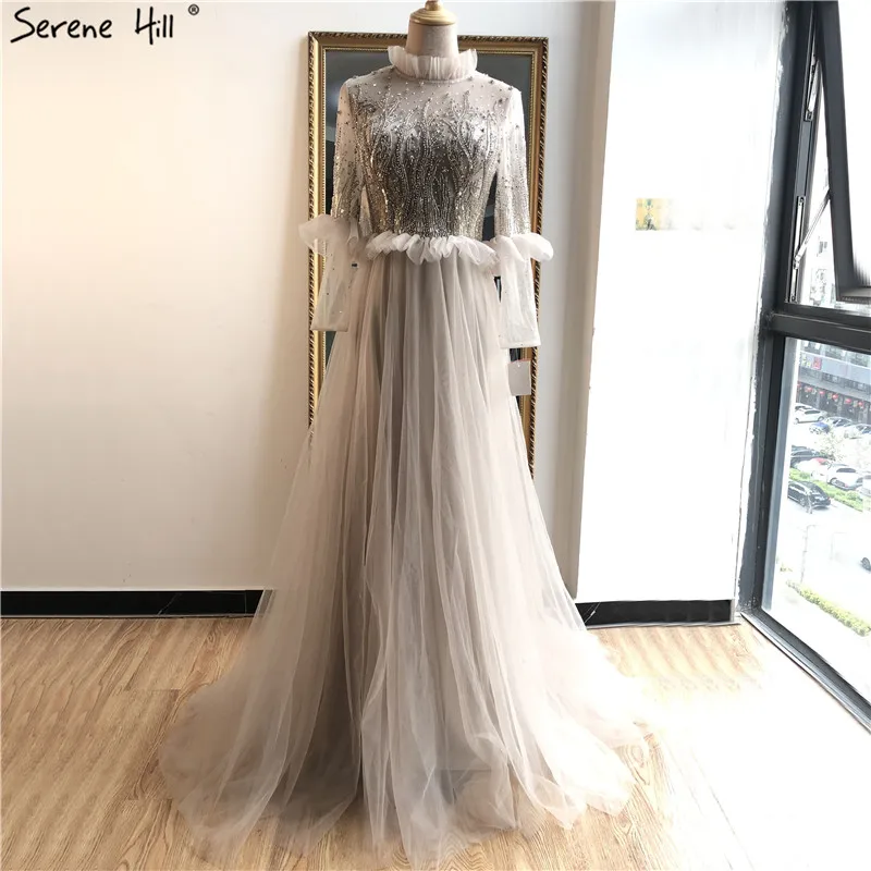 Gold O-Neck Beading Crystal Evening Dressese Long Sleeves A-Line Gowns Design 2021 Serene Hill LA70147 | Свадьбы и торжества