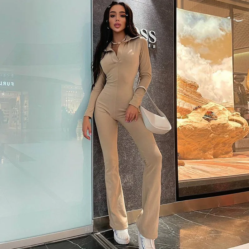 BKLD Clubwear Sexy 2024 New Winter Fashion Turn-Down Collar V-Neck Long Sleeve Slim Casual Wide Leg Pants One Piece Jumpsuits