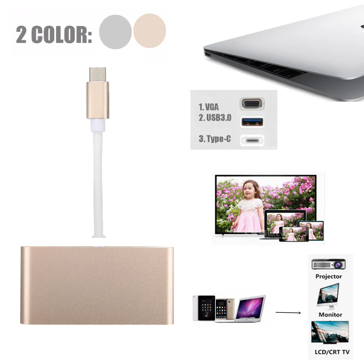 3 в 1 USB 3,1 type C-VGA монитор USB 3,0 type-C зарядное устройство адаптер для IOS планшет смартфон тип C устройства передачи данных