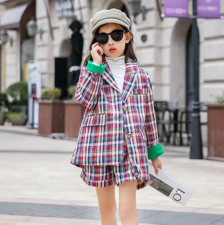

9.4th British Style Girls Suit 2019 Big Girls Long sleeve Coat + shorts 2 pcs Kids Suits Age 4-14Y Children Clothes Retail