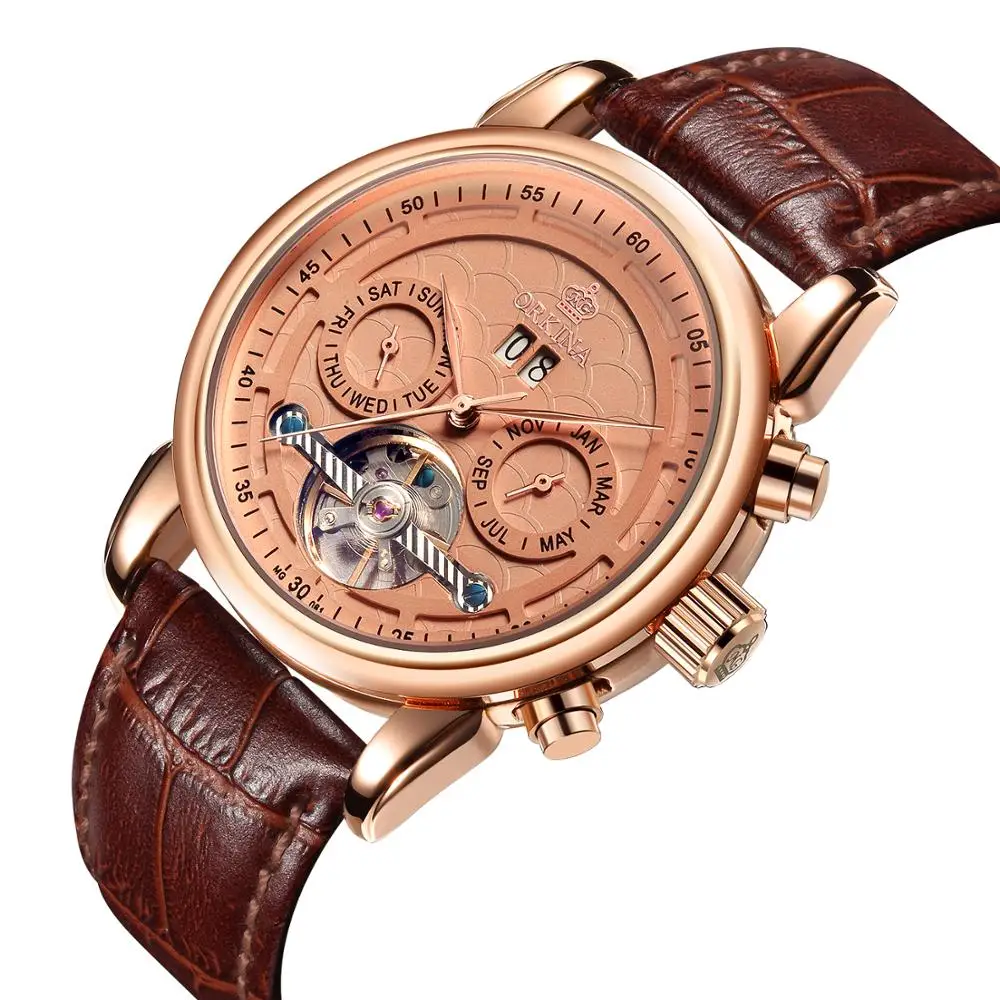 ORKINA Tourbillon часы для мужчин с автоматическим заводом наручные часы из натуральной кожи ремешок день Дата Механические часы Heren Horloge