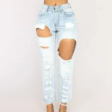 Женские модные сексуальные джинсы с большими дырками Женские однотонные свободные узкие джинсовые брюки Новые повседневные штаны-шаровары