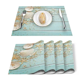 

4/6pcs Set Table Mats Wooden Board Shells Starfish Printed Table Napkin Kitchen Accessories Home Party Decorative Placemats