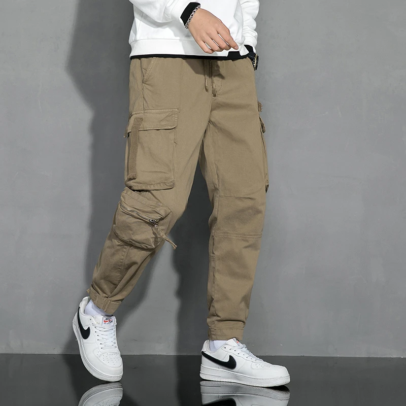 Pantalones Cargo con bolsillos laterales para hombre, Joggers de algodón de estilo Hip Hop, ropa de calle informal moda, color negro|Pantalones informales| - AliExpress