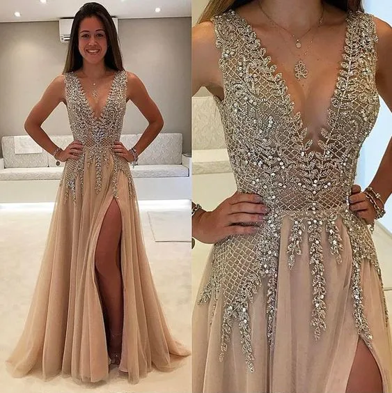 

Sexy Split A-Line Evening Dresses sleeveless floor length with beading open back formal prom party gowns