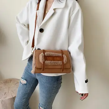 

Women Fashion Plush Frosted Fabric Shoulder Pack Leather Letter Pattern Messenger Casual Bags Pure Color Flap Crossbody Bags /E