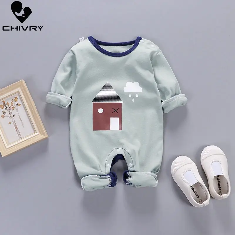 Newborn Baby Boys Girls Rompers Spring Summer Long Sleeve Cute Striped Cartoon Print Jumpsuit Toddler Playsuit Infant Clothing