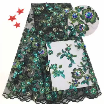 

Latest Green African embroidered tulle fabric 2020 high quality French tulle lace fabric with 3D sequins in 5 yards FJA42001