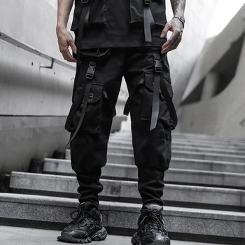 

Erkek Pantolon Men Spring Hip Hop Casual Sweatpants Male Pants Streetwear Multi Buckle Ribbons Pockets Joggers Cargo Harem Pants