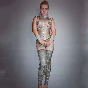 

Full Rhinestone Jumpsuit Sleeveless Stretch Crystal Bodysuit Women Nightclub Singer Dancer Costume Prom Party Stage Wear DT1540