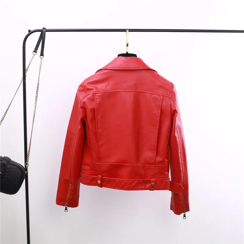 Spring Autumn New Women's PU Leather Jacket Short Slim Fit Motorcycle Leather Jacket with Belt Bike Red Black Mujer Chaqueta