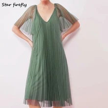 Зеленое женское платье со звездами Светлячок элегантное Плиссированное Сетчатое платье с v-образным вырезом однотонное повседневное пляжное платье офисное женское платье