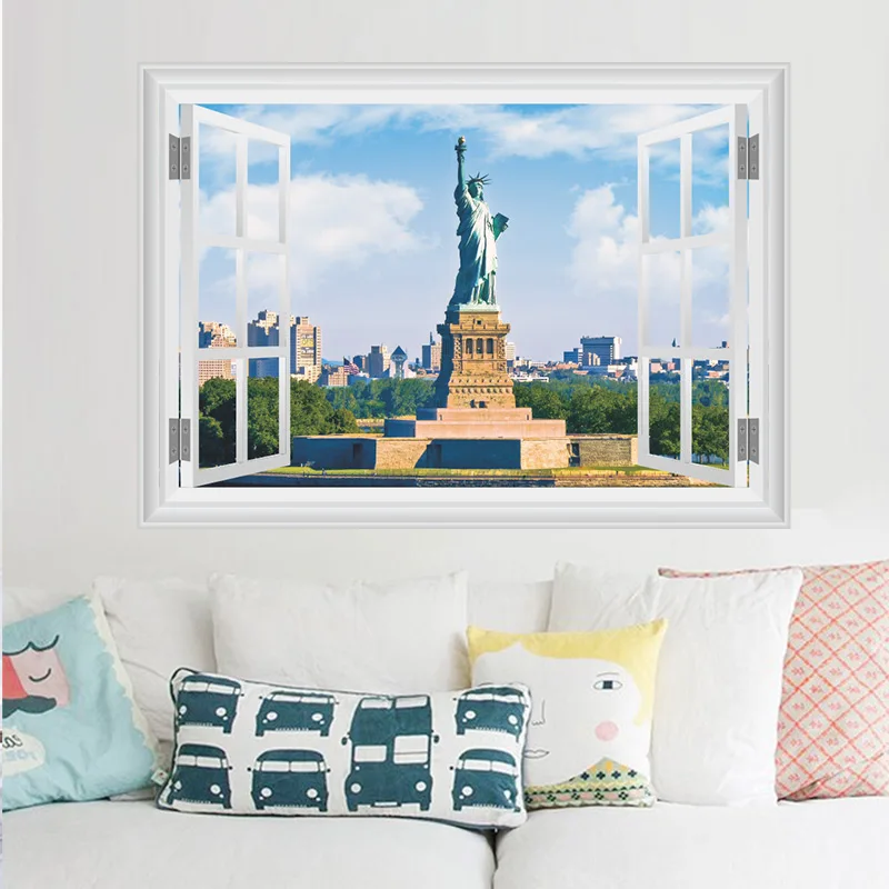 6style 3D Vivid View City Scenery Window Wall Stickers Living Room Bedroom Decoration Home Decor Mural Landscape Wall Art Decal