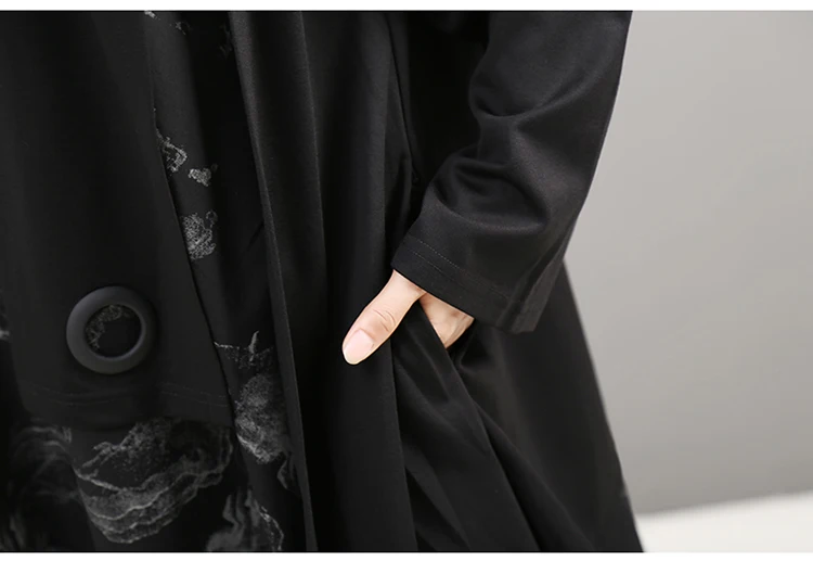 Новинка, женское черное платье с длинным рукавом, плюс размер,, корейский стиль, длинный рукав, с принтом, для девушек, длина до колена, прямое платье, халат 5669