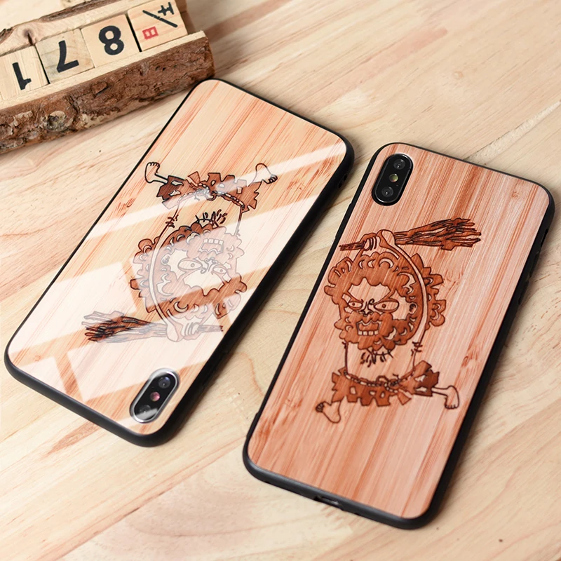 

JASTER Old man pattern tempered glass and wooden phone case for iPhone6 7 8 X XS XR MAX