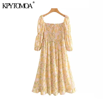 

Vintage Elegant Floral Print Smocked Elastic Midi Dress Women 2020 Fashion Three Quarter Sleeve Pleated Female Dresses Vestidos