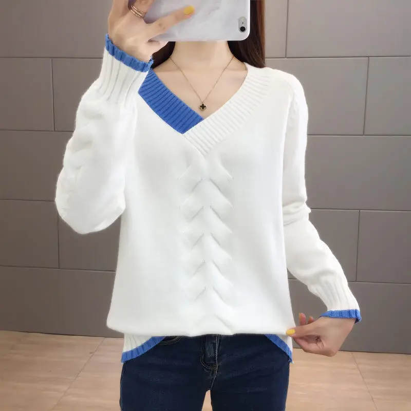 Осенне-зимний Шикарный Синий Свободный пуловер с v-образным вырезом, свитера для женщин, корейский вязаный свитер, Женский мягкий джемпер - Цвет: Белый