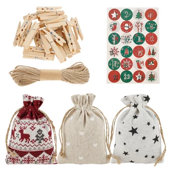 

24Pcs/lot Christmas Burlap Drawstring Linen Bag Mini Calendars Jute Sack Wedding Gift Bags for Xmas Party DIY Home Decor