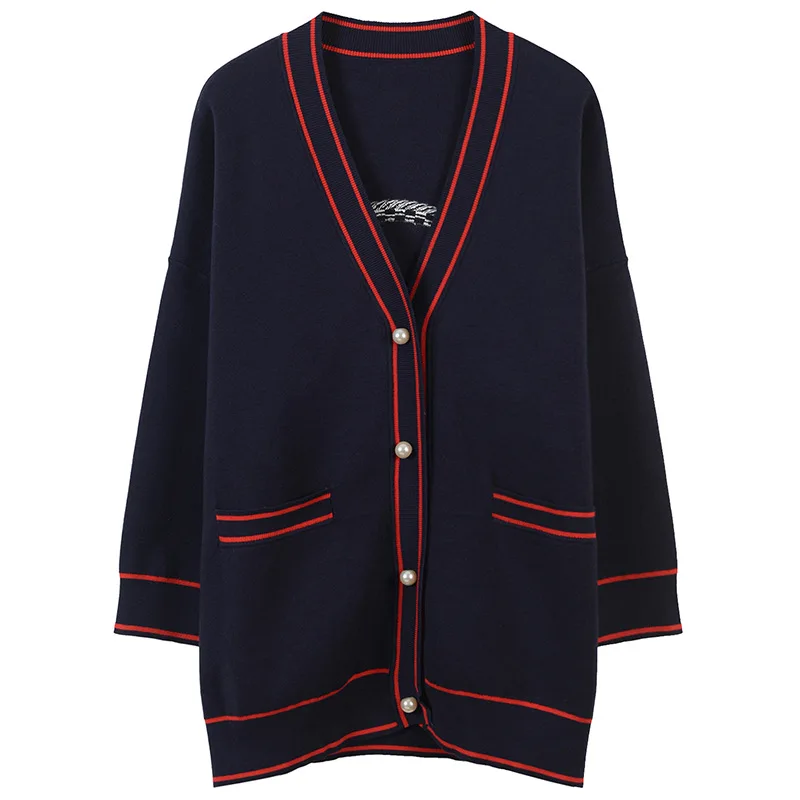 

Women Cardigan Pearl Button Pockets Sweater Coat Flag and Heart Embroidery Outwear Plus Size Shrug Runway Knitted Top Loose