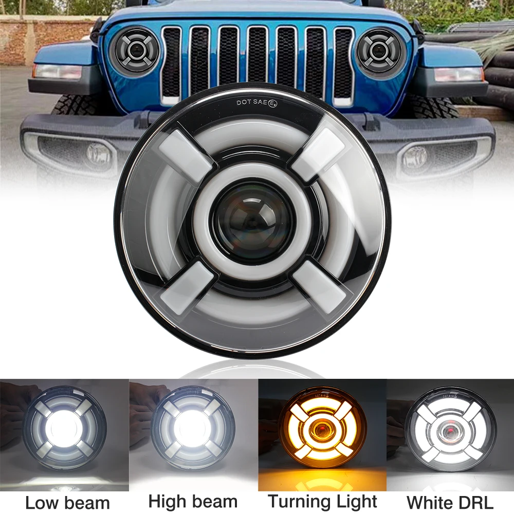 

OKEEN 7 Inch Round LED Headlights White Halo Angle Eye With Turn Signal Light For Jeep Wrangler JK TJ CJ LJ Land Rover Defender