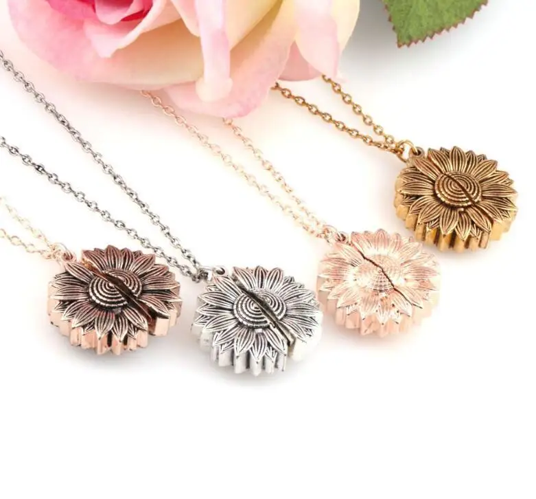 New You are My Sunshine Open Locket Sunflower Pendant Keep Going Necklace for Women Custom Jewelry