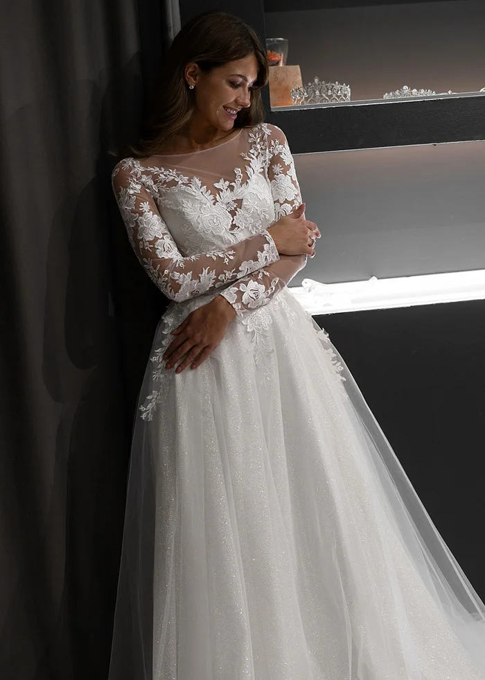 ADLN Иллюзия Vestido De Noiva кружевное свадебное платье с длинными рукавами Совок Блестящий тюль Аппликация Свадебное платье невесты платье