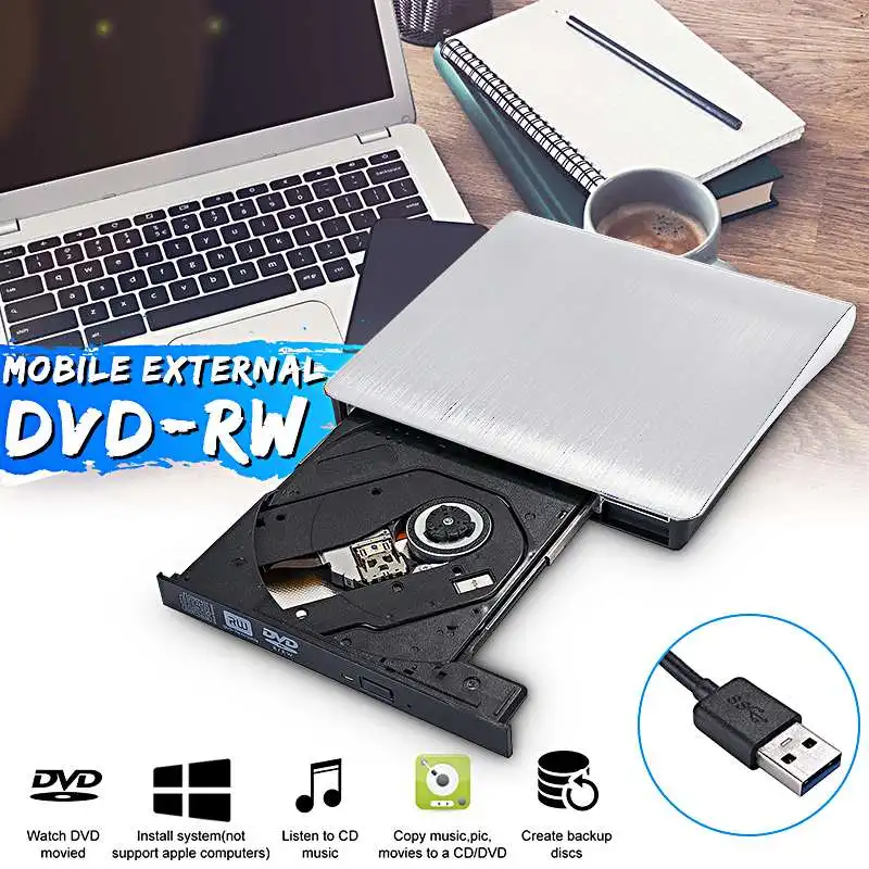 Белый USB 3,0 тонкий внешний DVD-RW CD Привод записи горелки ридер плеер оптические диски для портативных ПК